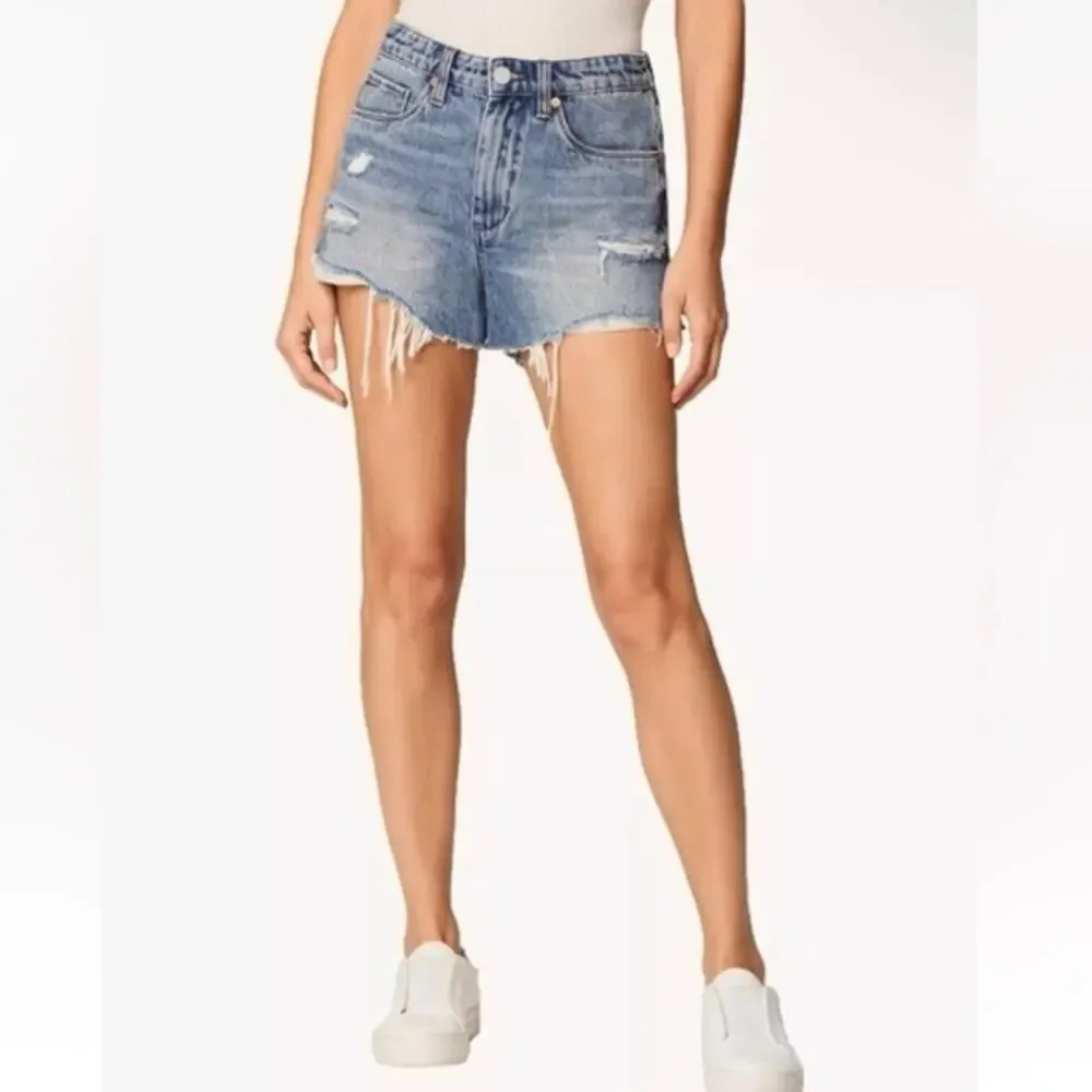 Blank NYC The Barrow Distressed High Waisted Cut Off Denim Shorts Blue Wash 32